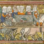 Ginebra liderando a un Lancelot herido de El Grial de Rochefoucauld.  El manuscrito iluminado del siglo XIV que contiene lo que se cree que es el relato sobreviviente más antiguo de las leyendas del Rey Arturo.