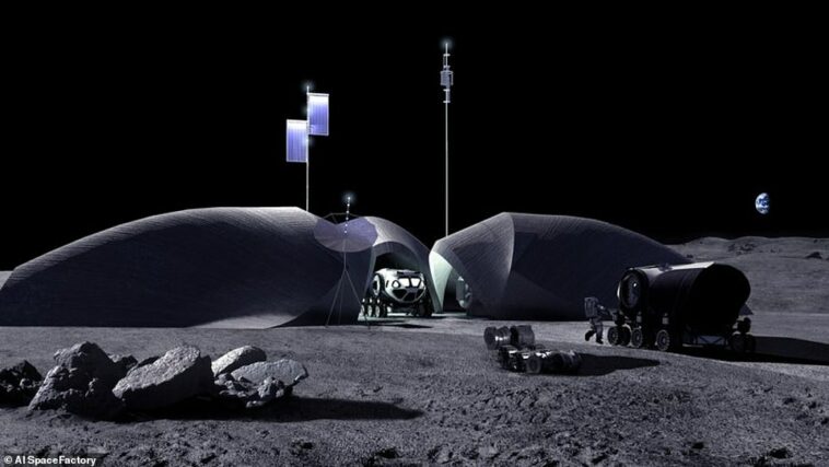 Hogar en la luna: cuando la NASA devuelva a los humanos a la luna a finales de esta década, su visión más amplia será establecer un puesto de avanzada lunar para que las personas sobrevivan durante períodos más largos.  Para apoyar ese objetivo, una empresa estadounidense ha presentado su diseño para un búnker impreso en 3D (en la foto)