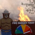 A pesar de los esfuerzos de más de 2,000 bomberos para contener las llamas, el fuego, que comenzó el viernes en las laderas de Sierra Nevada, estaba contenido en un 0 por ciento el domingo, dijeron los bomberos estatales.  En la imagen se muestra el fuego furioso detrás de un cartel de advertencia de Smokey the Bear contra incendios forestales el domingo.