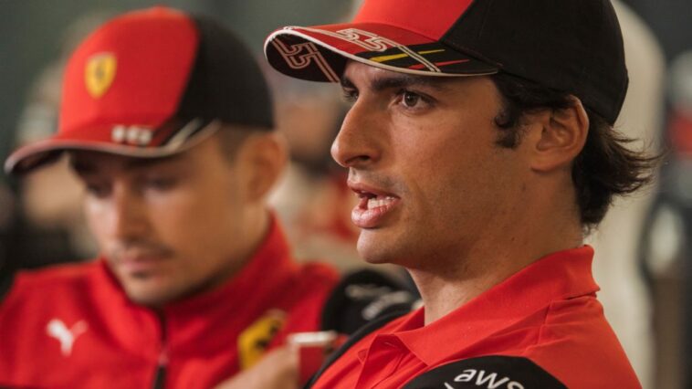 Carlos Sainz speaking, sitting next to Charles Leclerc, Bahrain March 2022