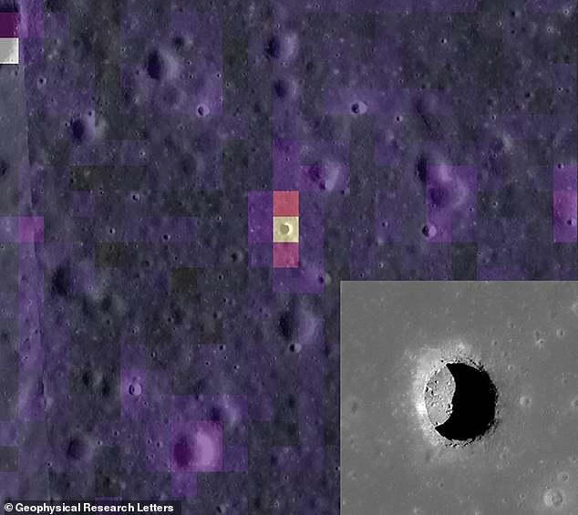 Los pozos prominentes en la luna tienen voladizos visibles que claramente conducen a algún tipo de cueva o vacío.  En la imagen se muestra un pozo de este tipo en un área de la luna, conocida como el Mar de la Tranquilidad o Mare Tranquillitatis, capturado por el Orbitador de Reconocimiento Lunar robótico de la NASA.
