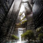 Los planes de diseño para la ciudad lineal muestran los interiores inspirados en la ciencia ficción, con estructuras angulares de vidrio que se contorsionan en diferentes formas sobre un río artificial.