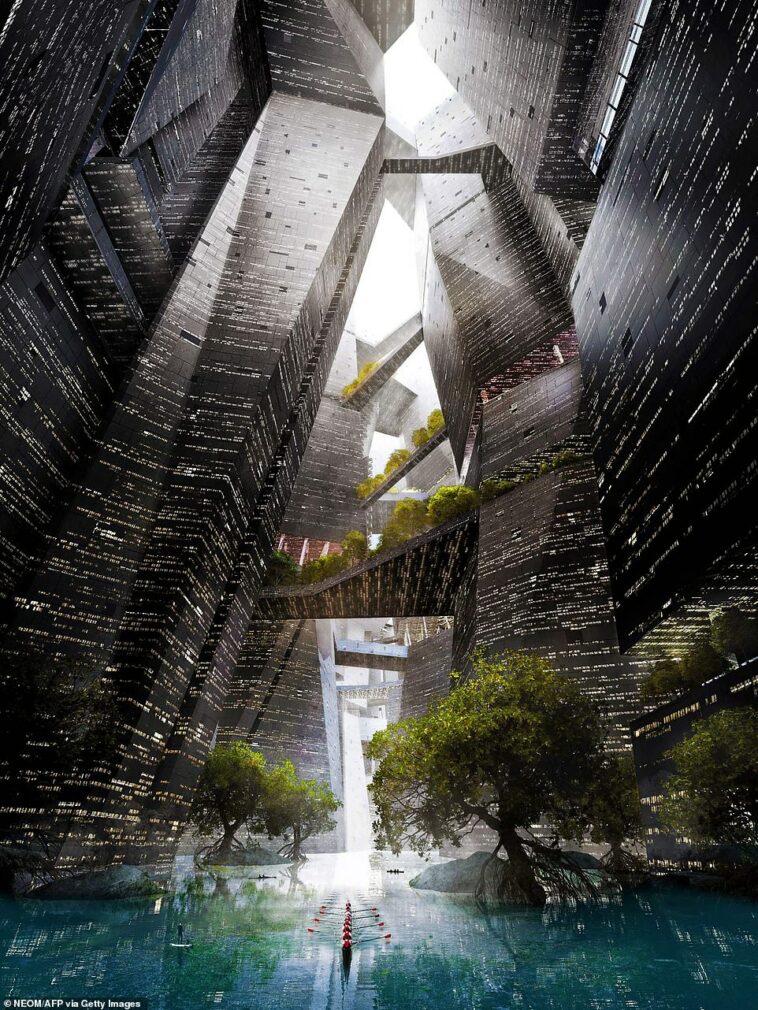 Los planes de diseño para la ciudad lineal muestran los interiores inspirados en la ciencia ficción, con estructuras angulares de vidrio que se contorsionan en diferentes formas sobre un río artificial.