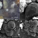 A: Cristal de carbono en el polvo de superbólido de Chelyabinsk visualizado con microscopio óptico.  B- D: imágenes de microscopio electrónico de barrido de los cristales de carbono
