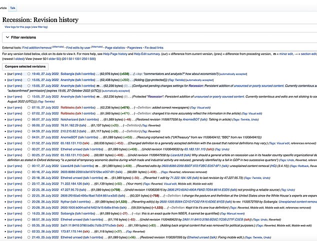 El historial de edición de la página de recesión de Wikipedia.  La página se bloqueó después de que se editara 47 veces en 24 horas esta semana