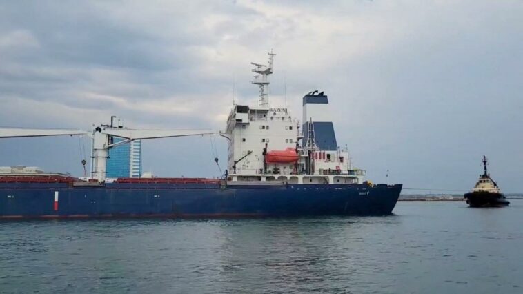 El buque de carga con bandera de Sierra Leona, Razoni, que transporta grano ucraniano, sale del puerto en Odesa, Ucrania, el 1 de agosto de 2022, en esta captura de pantalla tomada de un video del Ministerio de Infraestructura de Ucrania.  (Reuters)