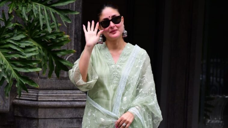 Kareena Kapoor saluda a los paparazzi mientras visita a su padre Randhir Kapoor en Raksha Bandhan.  Reloj