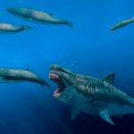 Illustrations of massive prehistoric sharks