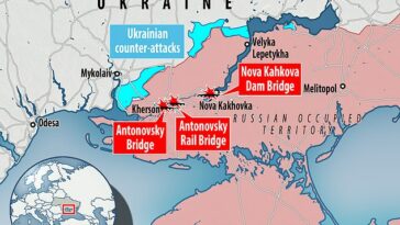 Rusia ha comenzado a mover los puestos de mando desde la orilla oeste del río Dnipro (izquierda) hacia el este (derecha, con el alcalde Vitaly Kim diciendo que las tropas están siendo