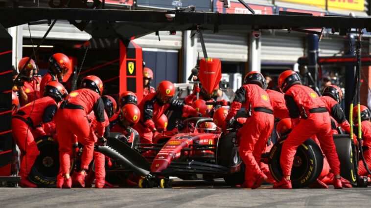 SPA, BELGIUM - AUGUST 28: Charles Leclerc of Monaco driving the (16) Ferrari F1-75 makes a pits during the F1 Grand Prix of Belgium at Circuit de Spa-Francorchamps on August 28, 2022 in Spa, Belgium. (Photo by Dan Mullan/Getty Images)