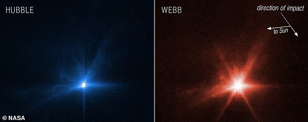 Las sorprendentes consecuencias de la misión de la NASA de estrellar deliberadamente una nave espacial contra un asteroide a 14,000 mph han sido captadas por dos de los telescopios más poderosos del mundo.  La imagen del Hubble en luz visible se muestra a la izquierda y la de Webb en infrarrojo se muestra a la derecha