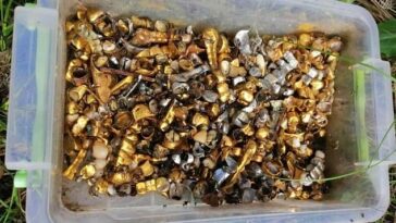 Un cubo de empastes de oro, gorras y dentaduras postizas que, según funcionarios ucranianos, fueron extraídos de las víctimas de una cámara de tortura rusa es descubierto en el oblast de Kharkiv.