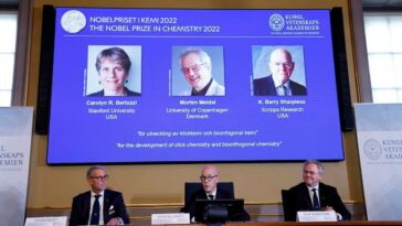 winners of the 2022 Nobel Prize in Chemistry: Carolyn R. Bertozzi (U.S.), Morten Meldal (Denmark) and K. Barry Sharpless (U.S.