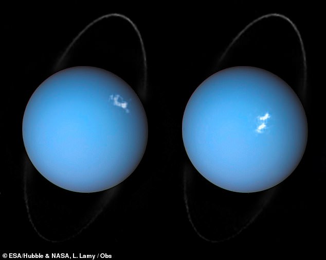 Teoría: Los atributos inusuales del gigante de hielo Urano han desconcertado a los científicos durante mucho tiempo.  Pero ahora los expertos creen que tienen una explicación de por qué el séptimo planeta desde el sol tiene un eje de rotación tan sesgado que bien podría estar acostado.