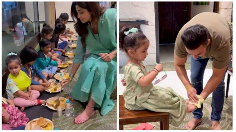 Raj Kundra lava los pies de su hija Samisha como parte de las celebraciones de Ashtami, Shilpa Shetty realiza kanya puja.  Reloj