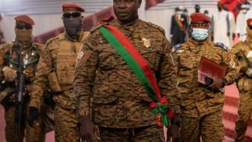 Lieutenant-Colonel Paul-Henri Sandaogo Damiba, President of Burkina Faso, arrives to his inauguration ceremony as President of Transition, in Ouagadougou.