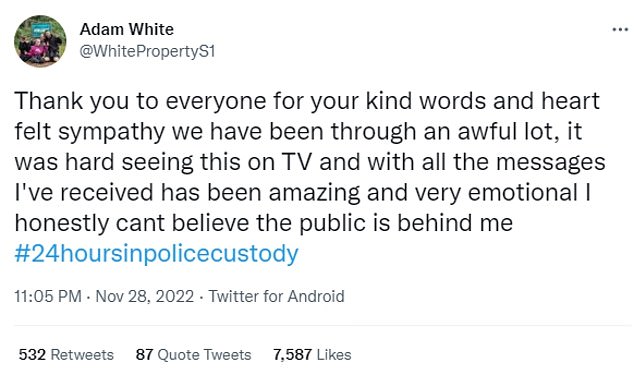 Adam White, quien fue encarcelado durante 22 meses después de tomar la ley en sus propias manos cuando persiguió a dos ladrones, tuiteó después del episodio de anoche.