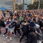 La violencia estalló entre los Socceroos y los fanáticos franceses en Federation Square de Melbourne luego de la derrota de Australia por 4-1 en la Copa del Mundo.