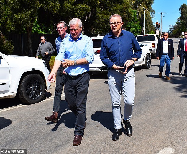 El exdiputado nacional Michael McCormack (centro) visita las áreas afectadas por las inundaciones en Forbes, NSW, el mes pasado con el primer ministro Anthony Albanese (derecha)