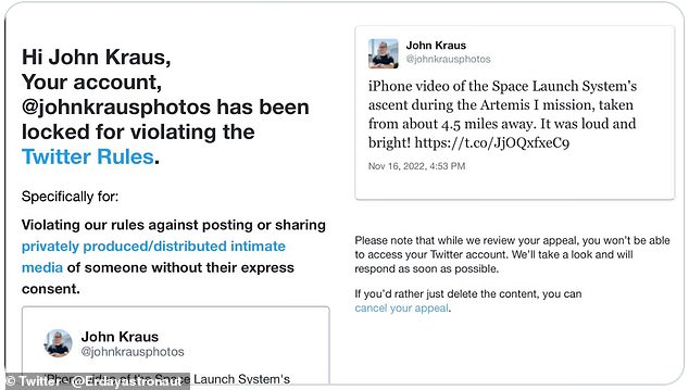 Prohibición: primero, Twitter prohibió a un astrónomo por publicar un video de un meteorito; ahora, un fotógrafo espacial ha sido bloqueado de su cuenta (se muestra) después de que sus imágenes del lanzamiento de Artemis de la NASA se confundieran con pornografía.