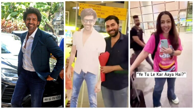 Kartik Aaryan reacciona cuando un fan toma el recorte de tamaño natural del actor para recibir a un amigo en el aeropuerto: 'Mujhe hi bula liya hota'