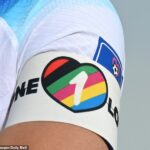 La FA alemana está considerando emprender acciones legales contra la FIFA para poner fin a su prohibición de usar los brazaletes LGBTQ 'OneLove' durante la Copa del Mundo de Qatar.  En la foto: Harry Kane de Inglaterra se ve usando el brazalete en fotografías promocionales antes de la Copa del Mundo.