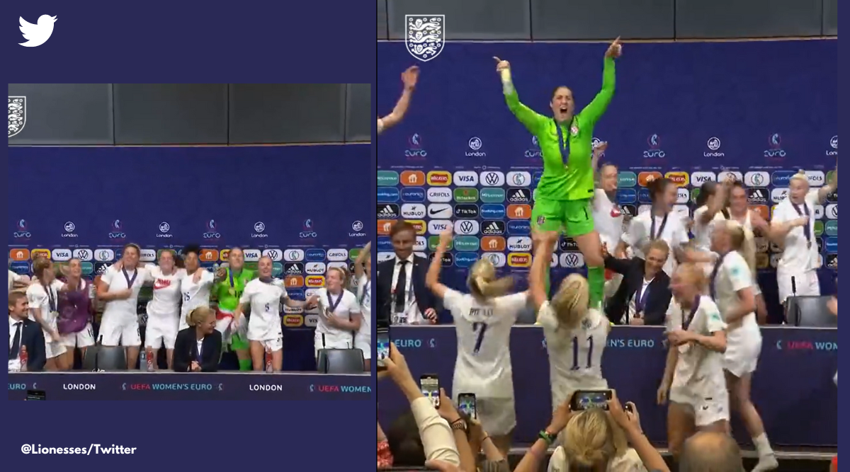 The Lionesses England sing it's coming home, UEFA European Women's Championship 2022, England women's team wins Euro 2022 cup, Lionesses England interrupt press conference Sarina Wiegman, women’s football England, Indian Express