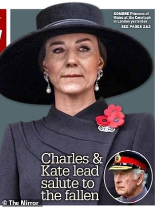 Los fanáticos reales quedaron alborotados por una imagen 'modificada con Photoshop' de la Princesa de Gales el Domingo del Recuerdo que se usó en la portada del periódico The Mirror.