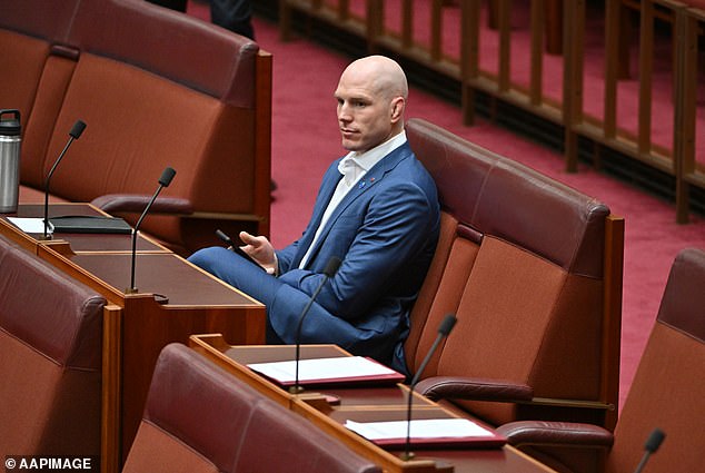 El senador independiente David Pocock aparece en la cámara del Senado en la Casa del Parlamento en Canberra el lunes 28 de noviembre de 2022.