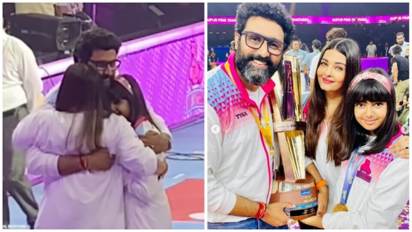  Abhishek Bachchan atrae a Aishwarya Rai para darle un fuerte abrazo mientras su equipo kabaddi gana a lo grande.  Reloj
