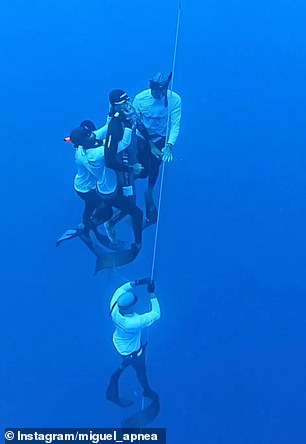 Imágenes asombrosas muestran el momento en que un grupo de buzos lanzó un valiente esfuerzo de rescate para salvar la vida de un apneísta que sufrió un apagón a 410 pies debajo de la superficie del agua.