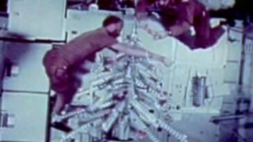 El primer árbol de Navidad en el espacio: los astronautas Gerald P. Carr, William R. Pogue y Edward G. Gibson pasaron las vacaciones a bordo del Skylab de la NASA en 1973, que fue la primera estación espacial de Estados Unidos.  El equipo armó un árbol usando recipientes de comida sobrantes y lo decoró con calcomanías de colores.