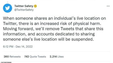 Twitter anunció que se suspenderán las cuentas que comparten ubicaciones en vivo de los usuarios.  La política actualizada establece que compartir dicha información pone a otros en riesgo de daño.
