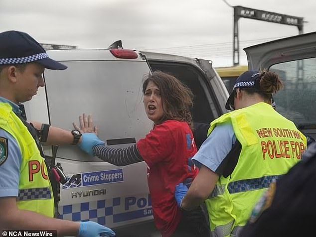 Violet Coco (en el centro de la foto) fue encarcelada por un máximo de 15 meses por la protesta del puente del puerto de Sydney