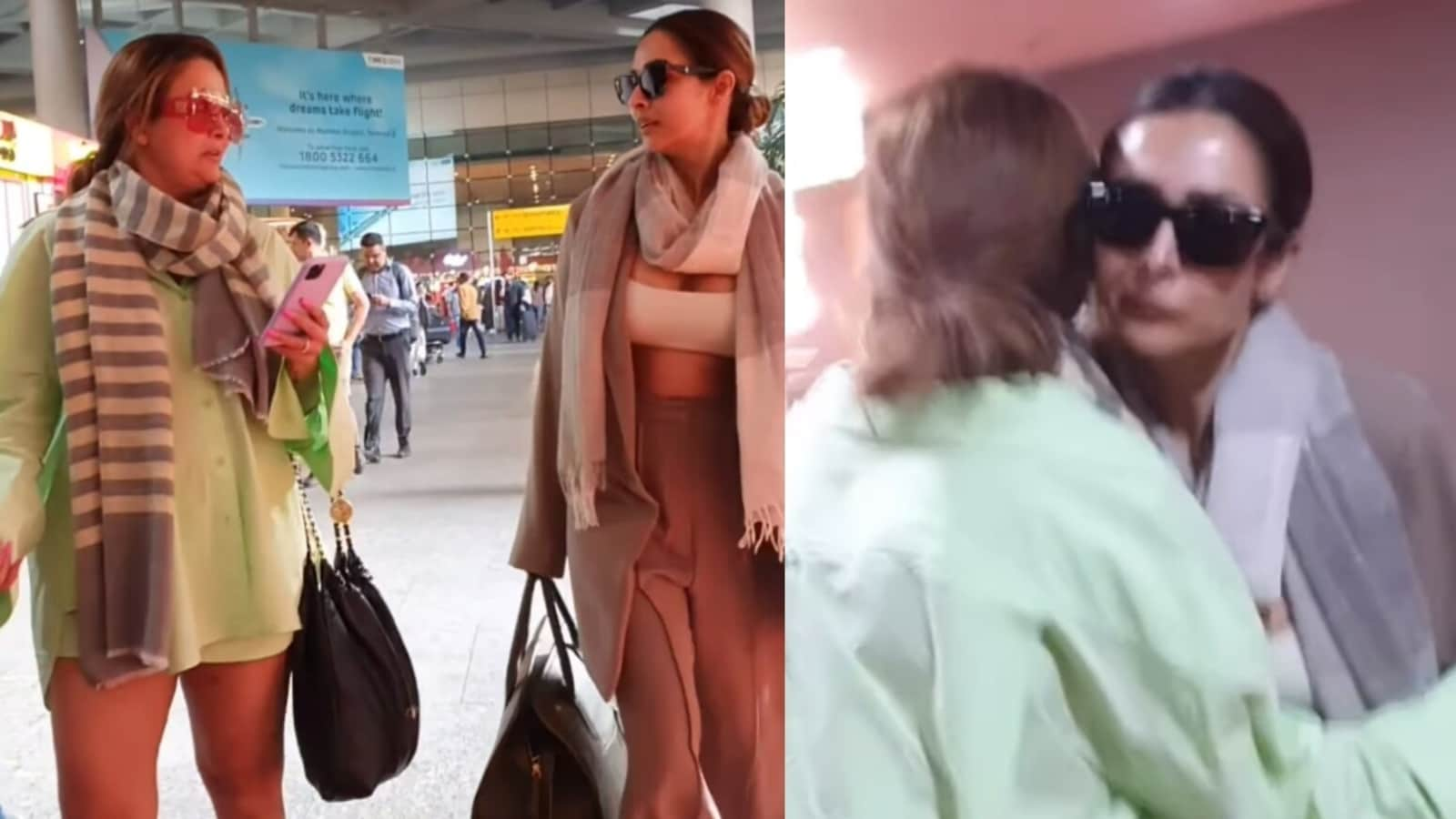  Días después del enfrentamiento en un programa de telerrealidad, Malaika Arora abraza a su hermana Amrita Arora en el aeropuerto.  Reloj
