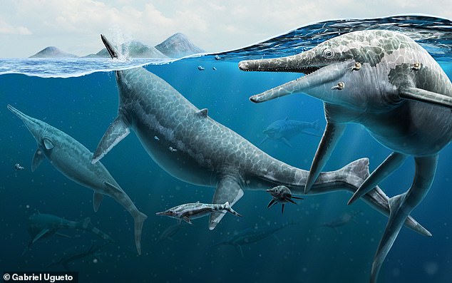 El ictiosaurio, o Shonisaurus popularis, fue una especie de reptil que prosperó en los períodos Triásico, Jurásico y Cretácico.  En la imagen: reconstrucción de la vida del artista de ictiosaurios triásicos adultos y recién nacidos