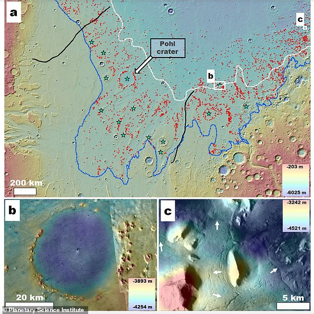 Teoría: un megatsunami en Marte hace 3.400 millones de años puede haber sido causado por un asteroide de la mitad del tamaño del Kilimanjaro que provocó olas de hasta 820 pies de altura, sugiere una nueva investigación.  Las imágenes de arriba muestran el posible cráter de impacto, llamado Pohl, que tiene un diámetro de 68 millas.