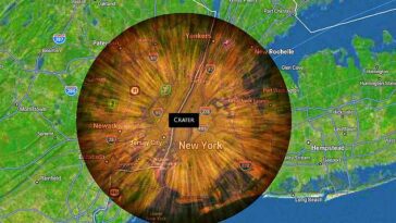 Asteroid Launcher permite a los usuarios elegir una ubicación para dejar caer un asteroide.  Esta simulación lanzó un asteroide de una milla de ancho en Time Square en la ciudad de Nueva York, creando un cráter de 34 millas de ancho.