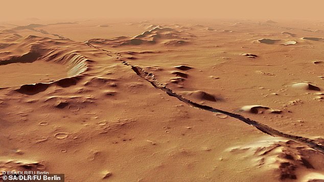 Debajo del sistema Cerberus Fossae (en la foto) hay una columna de roca fundida que se extiende por 25000 millas de ancho.  Los científicos creen que esto crea un ambiente perfecto para la vida microbiana