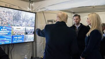 Una imagen publicada por el comité del 6 de enero de la Cámara muestra a Trump señalando a miles de personas reunidas para su discurso ese día, muchas fuera de un perímetro de seguridad.