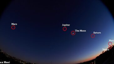El Dr. Gianluca Masi tomó la imagen desde el techo del edificio donde vive anoche, usando una cámara con lentes especiales.  Muestra Venus, Mercurio, Saturno, Júpiter, Marte y la Luna.