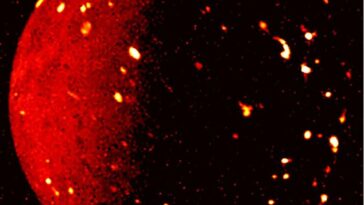 La superficie rodeada de volcanes de la luna Io de Júpiter fue capturada en infrarrojo por el generador de imágenes Jovian Infrared Auroral Mapper (JIRAM) de la nave espacial Juno mientras volaba a una distancia de aproximadamente 50,000 millas el 5 de julio de 2022. Los puntos más brillantes indican temperaturas más altas