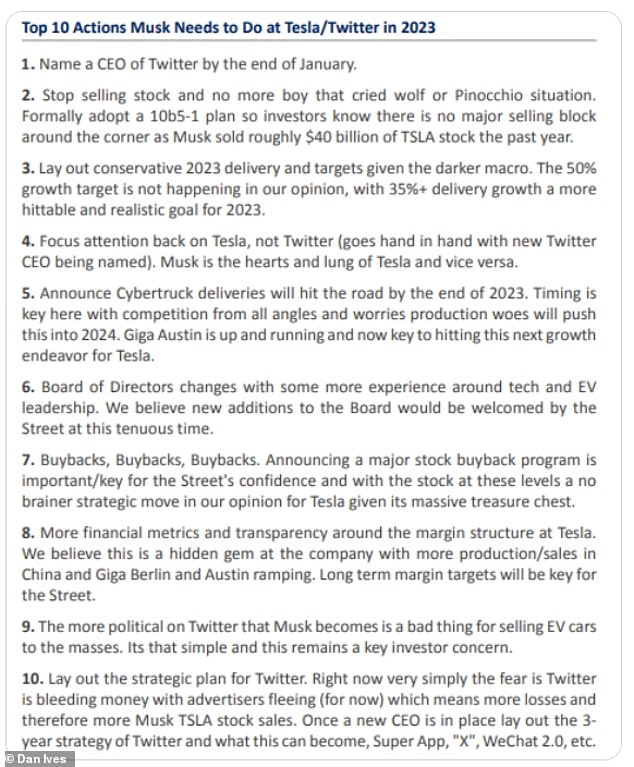 El analista Dan Ives de Wedbush Securities ha compartido una lista de deseos de los inversores de 10 acciones para ayudar a Musk a resucitar la empresa en 2023. Con la primera orden del día instando a Musk a encontrar un nuevo CEO de Twitter