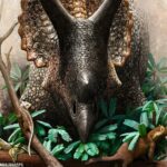 Hallazgos: Los dinosaurios estaban en su mejor momento y no en declive cuando un asteroide se estrelló contra la Tierra hace 66 millones de años, afirma un nuevo estudio.  Se representa a Triceratops molestando a los primos primitivos de los mamíferos marsupiales en la maleza.
