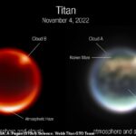 James Webb de la NASA compartió sus primeras imágenes de Titán, la luna más grande de Saturno.  La imagen muestra nubes en el hemisferio norte.