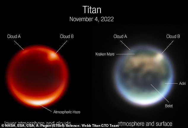 James Webb de la NASA compartió sus primeras imágenes de Titán, la luna más grande de Saturno.  La imagen muestra nubes en el hemisferio norte.