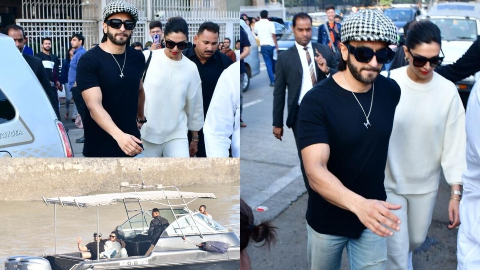  Ranveer Singh y Deepika Padukone saludan a los fanáticos mientras se dirigen a Alibaug a través del embarcadero en Navidad.  Reloj
