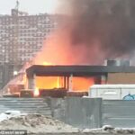 El centro comercial StroyPark en Balashikha, al este de Moscú, se incendió la madrugada del lunes después de que comenzara el incendio en una tienda que vendía materiales de construcción.