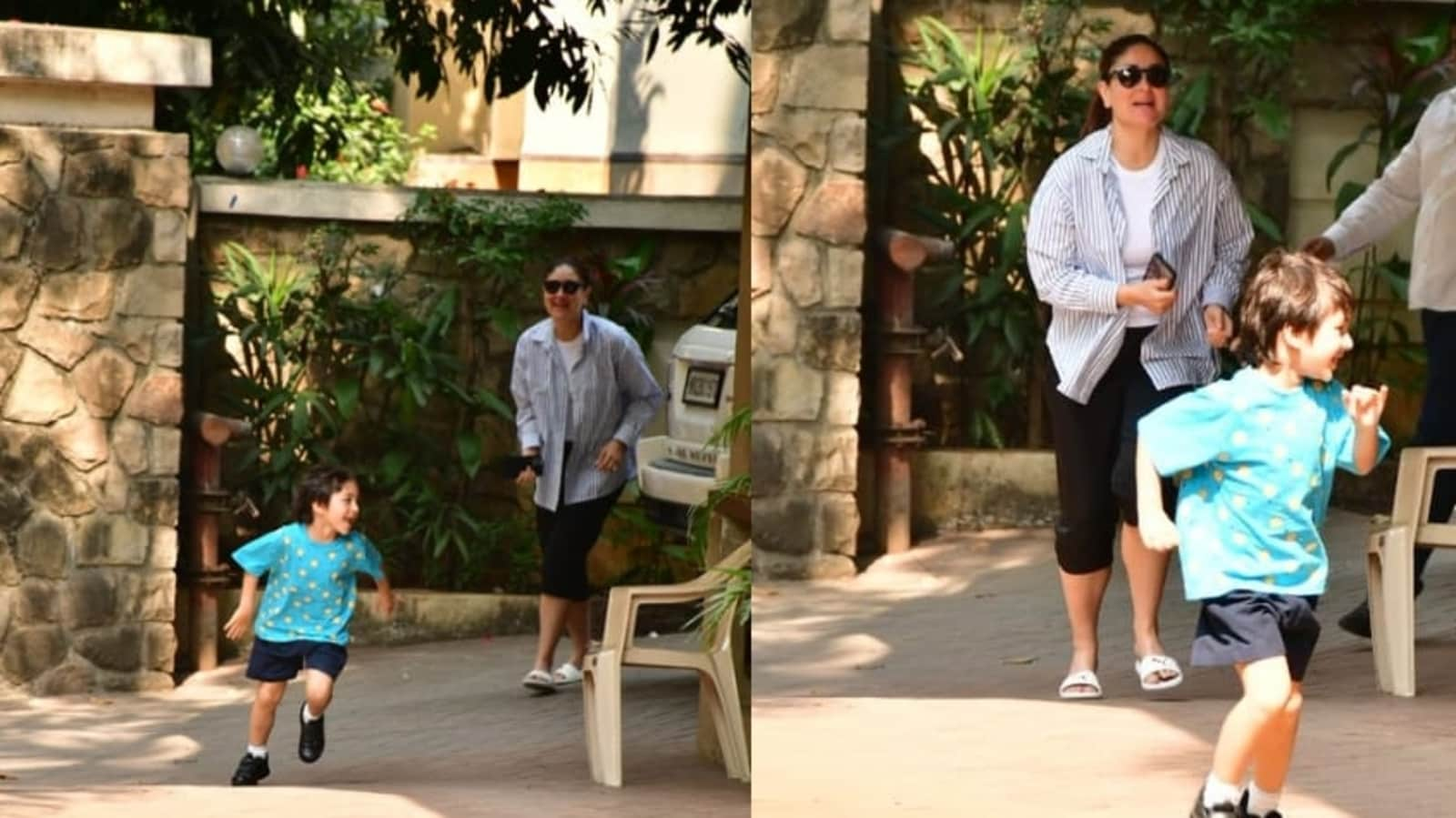  Taimur Ali Khan se escapa cuando Kareena Kapoor intenta atraparlo, los fanáticos los llaman 'linda madre e hijo'.  Reloj
