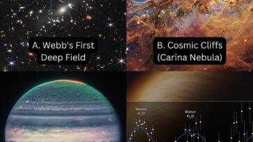 El primer conjunto de imágenes en el desafío de la NASA incluye (A) el primer campo profundo de Webb;  (B) los Acantilados Cósmicos en la Nebulosa Carina;  (C) Júpiter;  y (D) datos de Webb que muestran la presencia de agua en la atmósfera del exoplaneta WASP-96 b